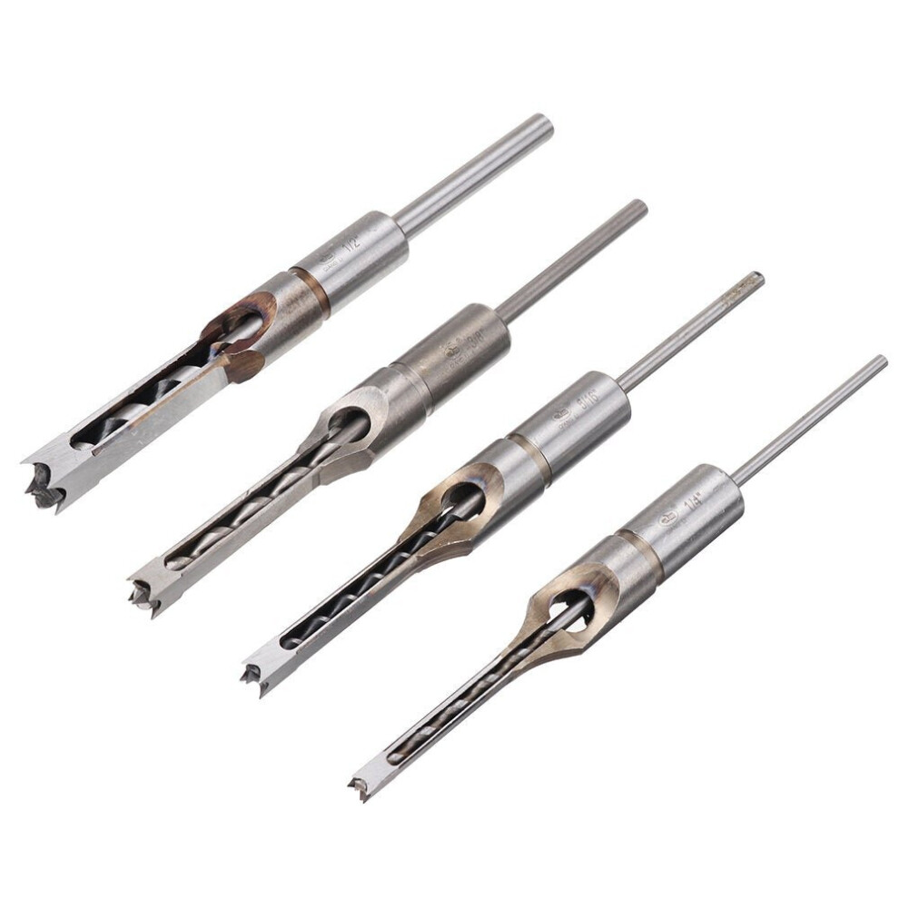 4pcs Square Hole Drill Bits Auger Mortising Chisel Set Kit 1/4 to 1/2 Inch Tool Set