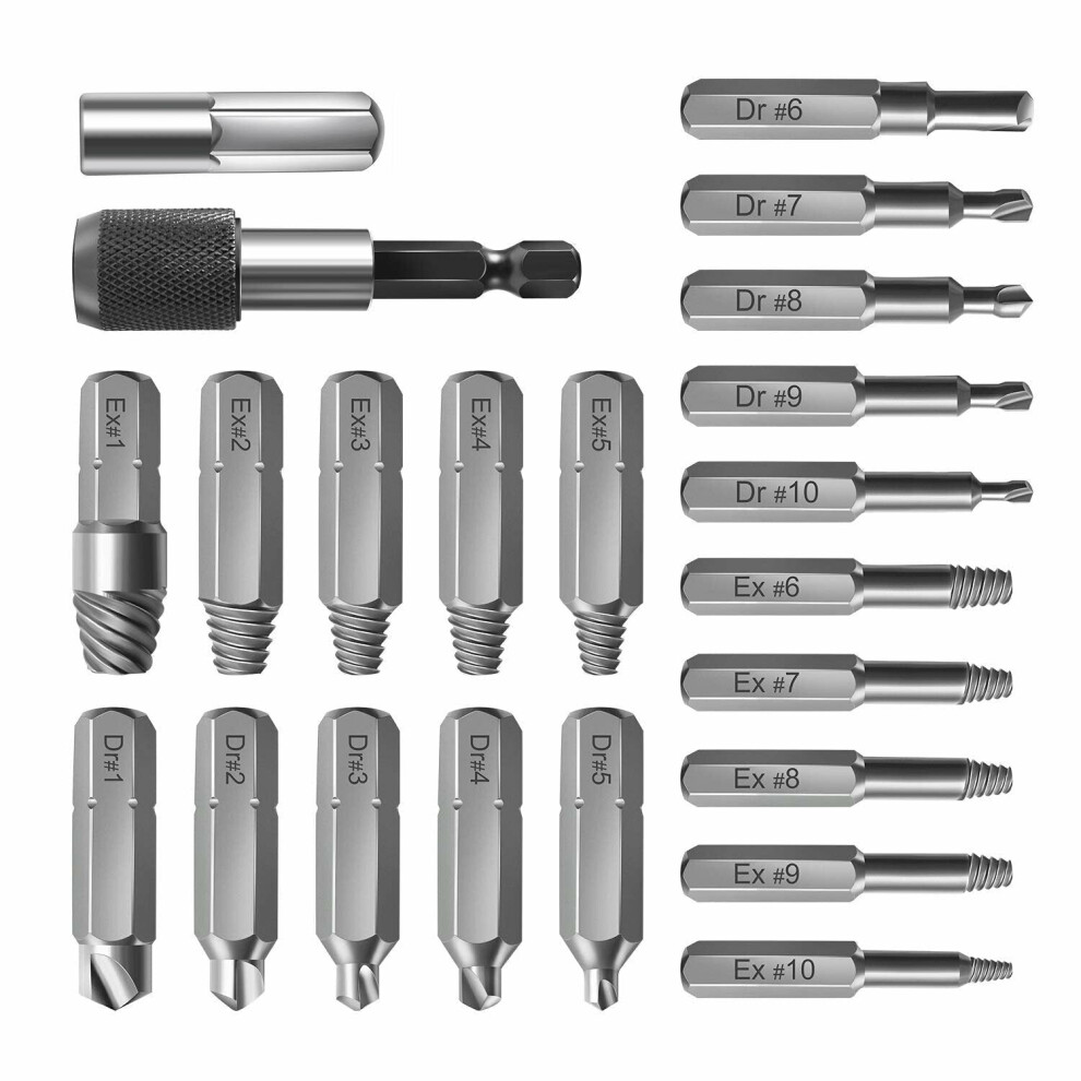 22pcs Damaged Screw Extractor Set with Locking Socket Adapter for Broken Screw HSS Broken Bolt Extractor Screw Remover Kits