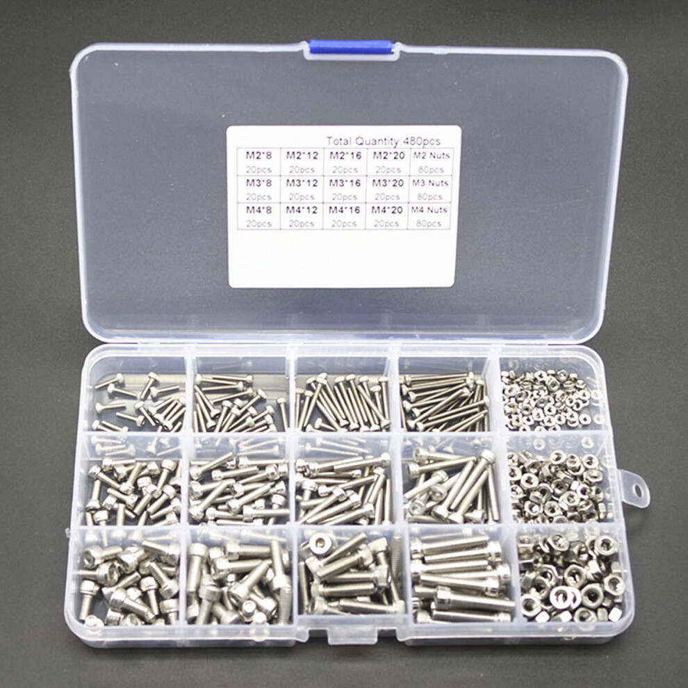 480pcs M2/M3/M4 Hex Socket Screws Set Cap Head Stainless Steel Screw Nuts Repair Tool