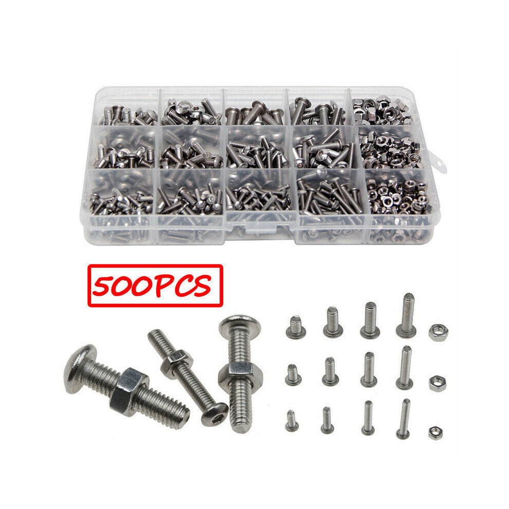 500pPCS Stainless Steel Hex Socket Cap Head Bolts Screws Nuts M3 M4 M5 304 Kit