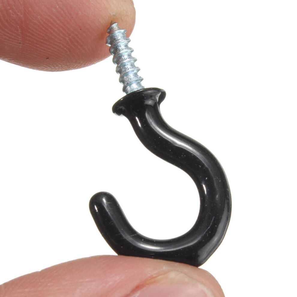 (Black) 25pcs 30mm Plastic Cup Hook Wall Question Mark Hook Eyebolt Screws