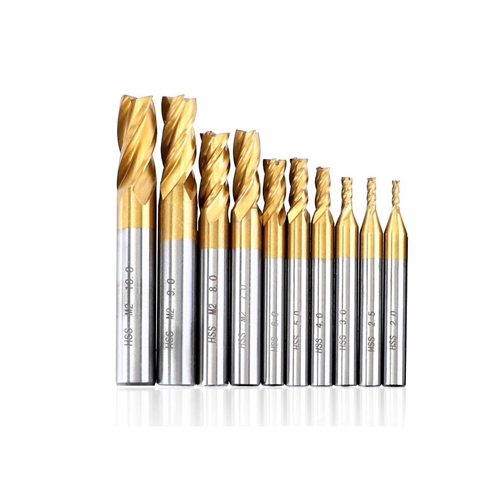 10PCS 2-10mm Titanium Coated HSS 4 Flute End Mill Cutter CNC Drill Bit Milling Set