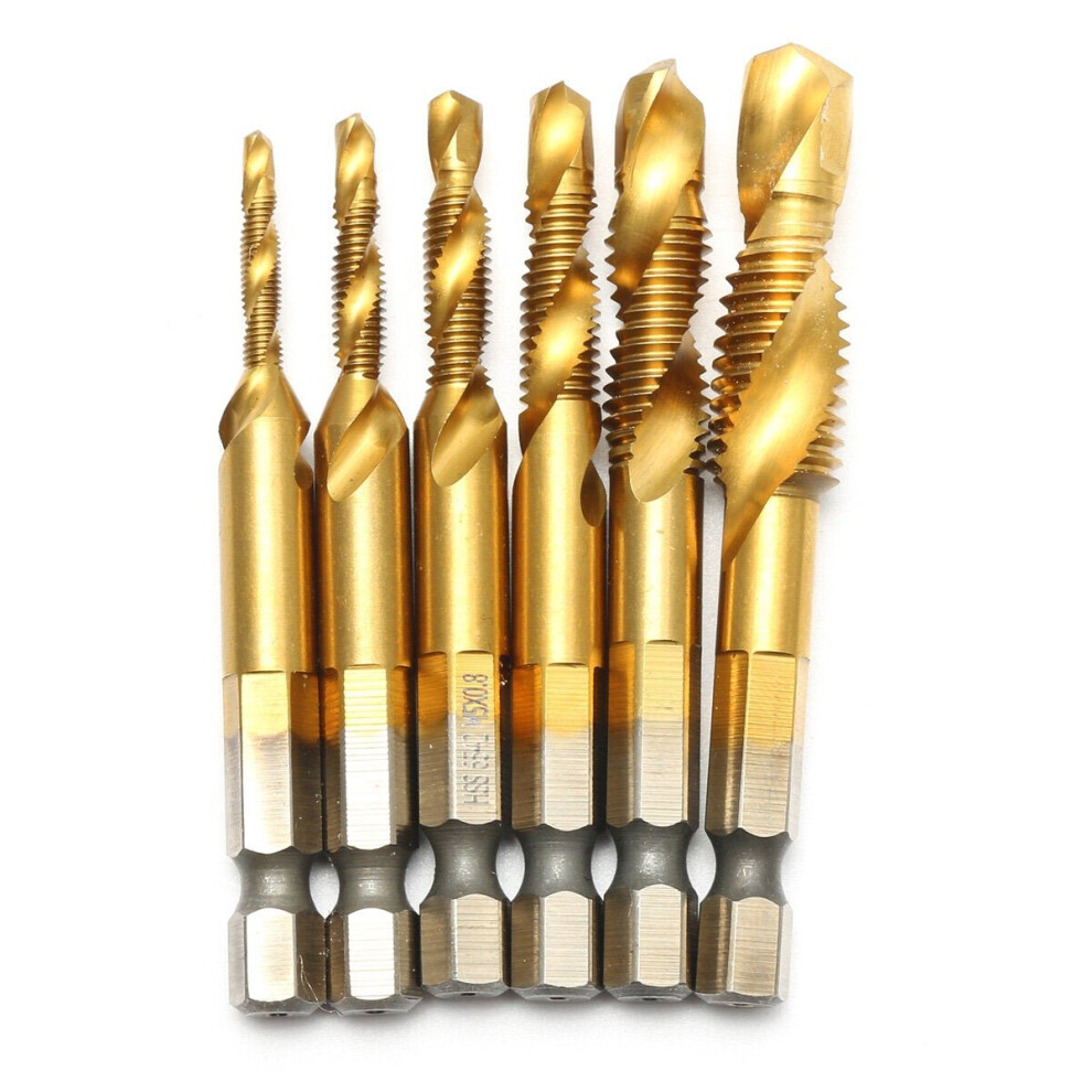 6pcs M3-M10 Hexagon Shank Drill Tap Bit Titanium Plated HSS 6542 Deburr Countersink Bits Screw Thread Metric Tap