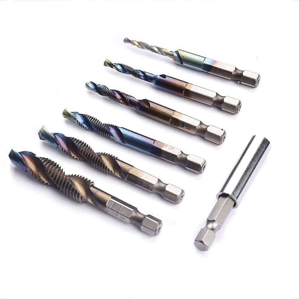 7Pcs M3-M10 6.2mm Hex Shank Blue Coated Screw Thread Metric Compound Tap Drill Bits with Extension Rod