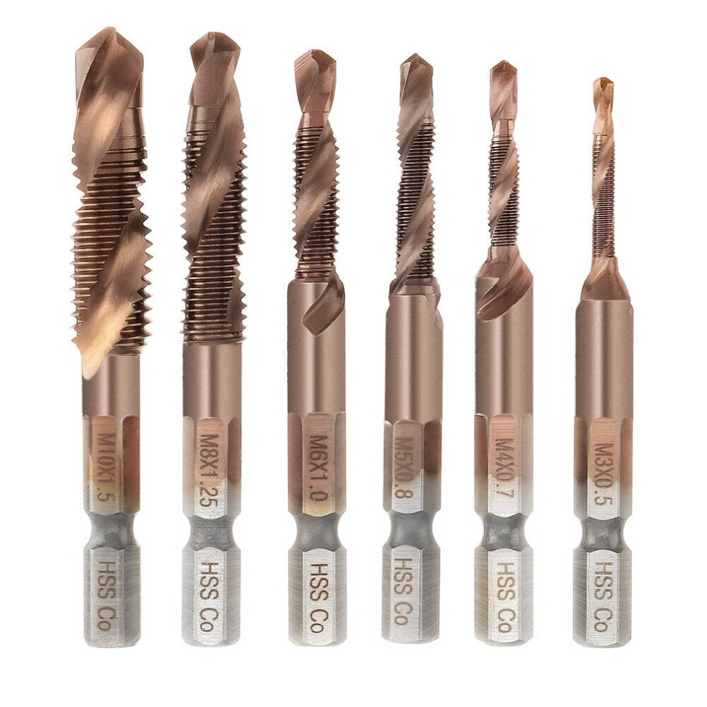6Pcs M3-M10 M35 Cobalt Plating HSS Hex Shank Spiral Groove Drill Tap Bit Set Co-HSS Metal Threaded Hole Opener