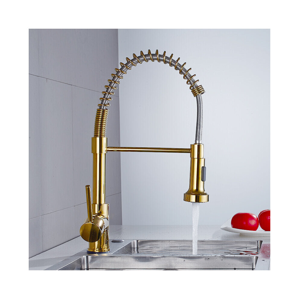 Luxury Gold Kitchen Sink Faucets Brass Single Lever Pull Out Spring Spout Mixers Tap Hot Cold Water Crane