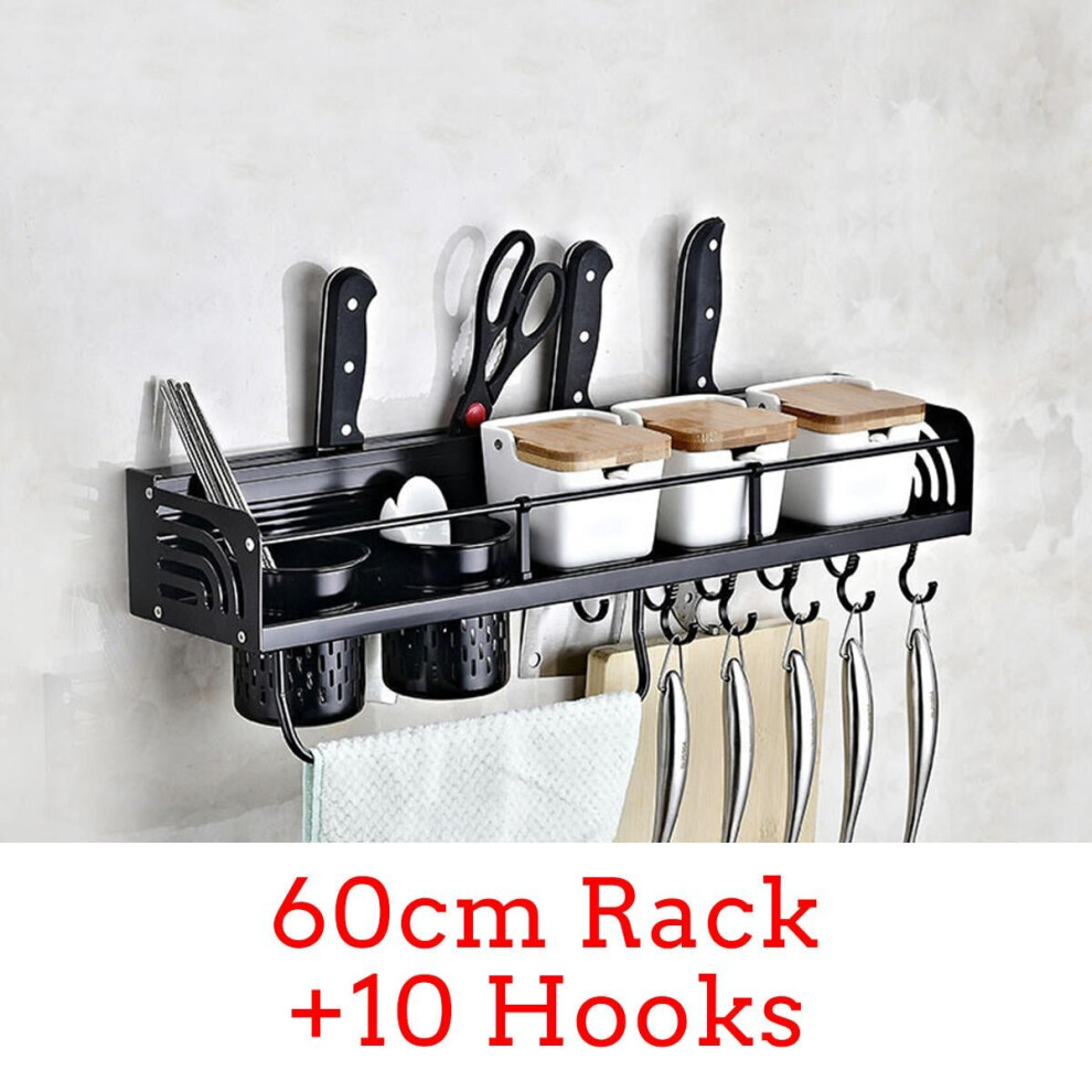 (60cm Rack+10 Hooks) Kitchen Organization Storage Rack Wall Mount Coffee Cup Mug Cupboard Holder Shelf Hanger