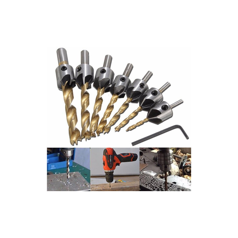 7pcs 3-10mm 5 Flute HSS Countersink Drill Bit Set Carpentry Reamer Wood Working Chamfer Endmilling