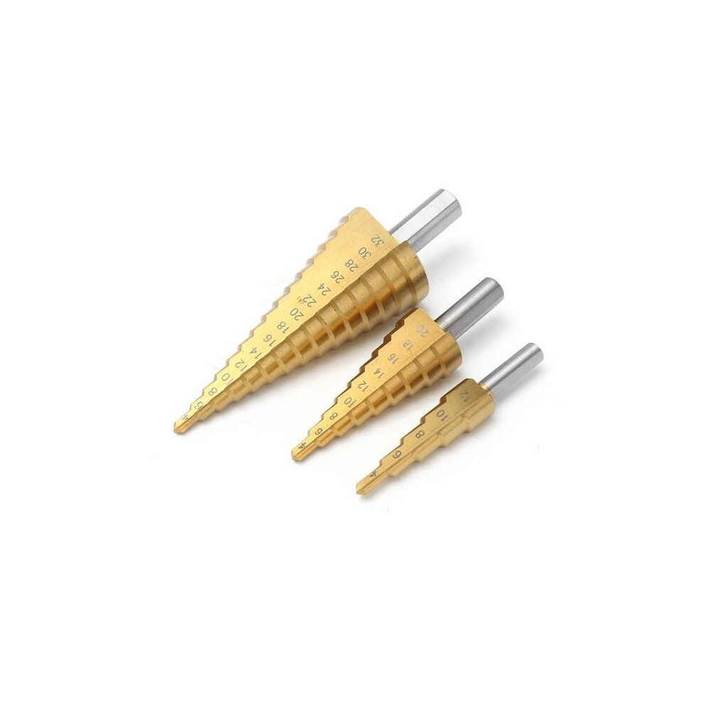 3pcs Titanium Coated HSS Step Cone Drill Bit Hole Cutter 4-12/20/32mm