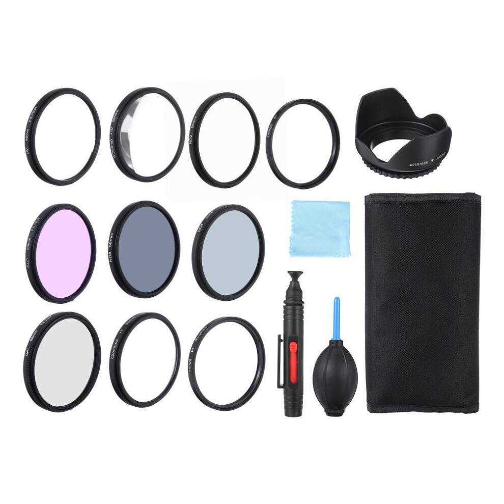 (49mm) Close-up +1/+2/+4/+10 UV CPL FLD ND2/4/8 49/52/55/58/62/67/72/77mm Lens Filter Hood Cap Blower Brush Kit Set