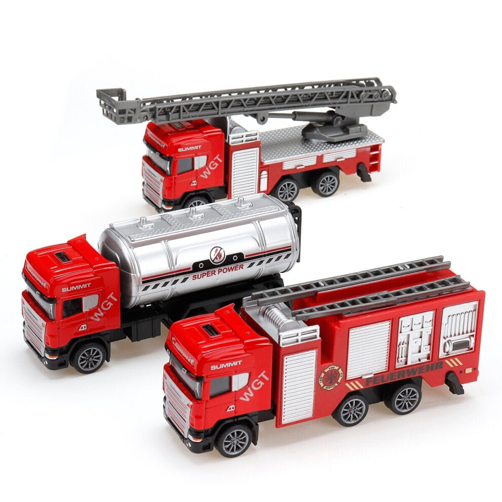 (Fire Truck Series) 1:64 3Pcs Multi-style Alloy Diecast Pull Back Moveable Car Model Toy for Kids Beach Garden Backyard Play Gift