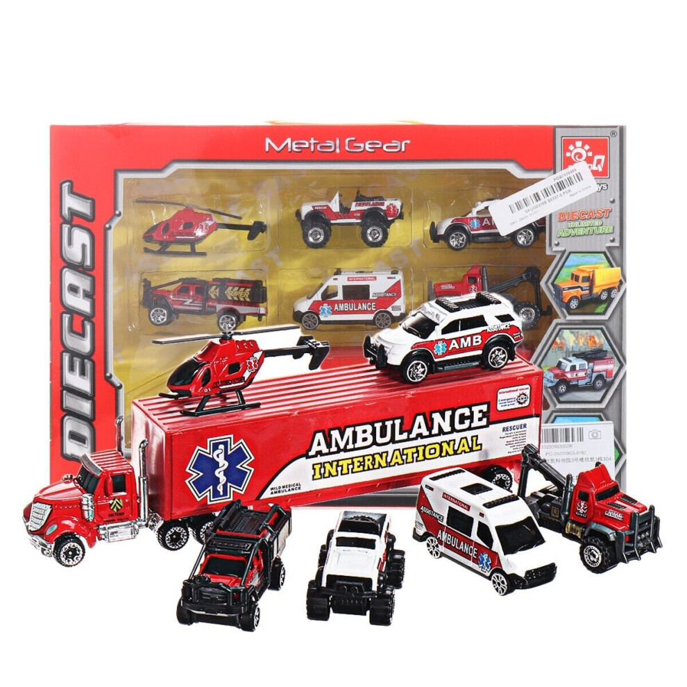 (Ambulance) 7 PCS Alloy Plastic Diecast Engineering Vehicle Ambulance Polices Car Model Toy Set for Children Gift