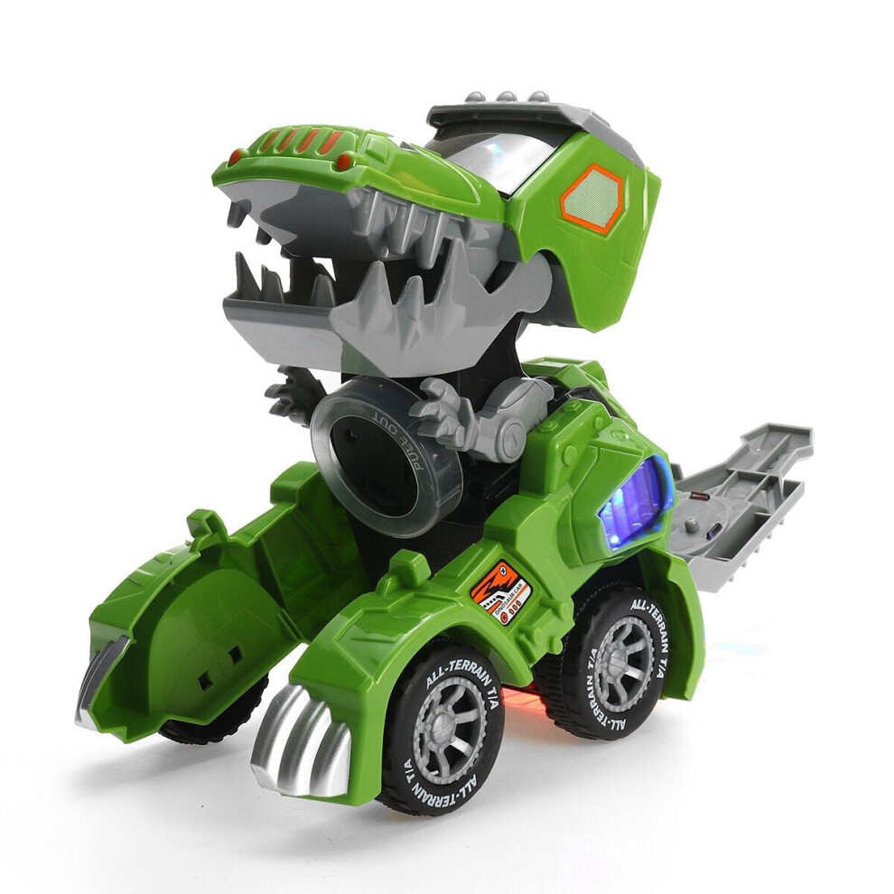 (Green) Electric Deform Dinosaur Automatically Turn Car Toy with Music Flashing LED Lights for Kids Gift Collection