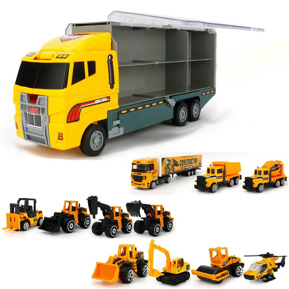 (Yellow, 12pcs) 6/12 PCS 11 In 1 Diecast Model Construction Truck Vehicle Car Toy Set Play Vehicles in Carrier