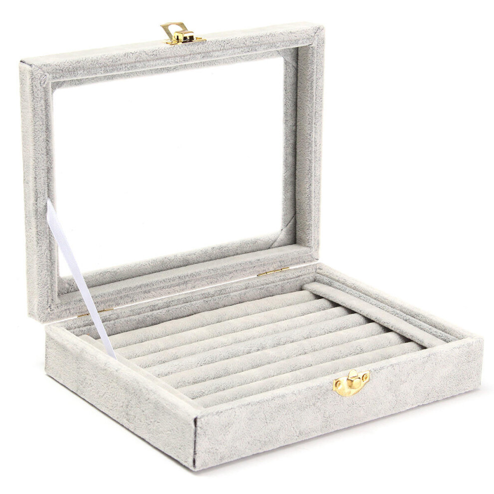 () Jewelry Velvet Wood Ring Display Organizer Case Tray Holder Earring Storage Box