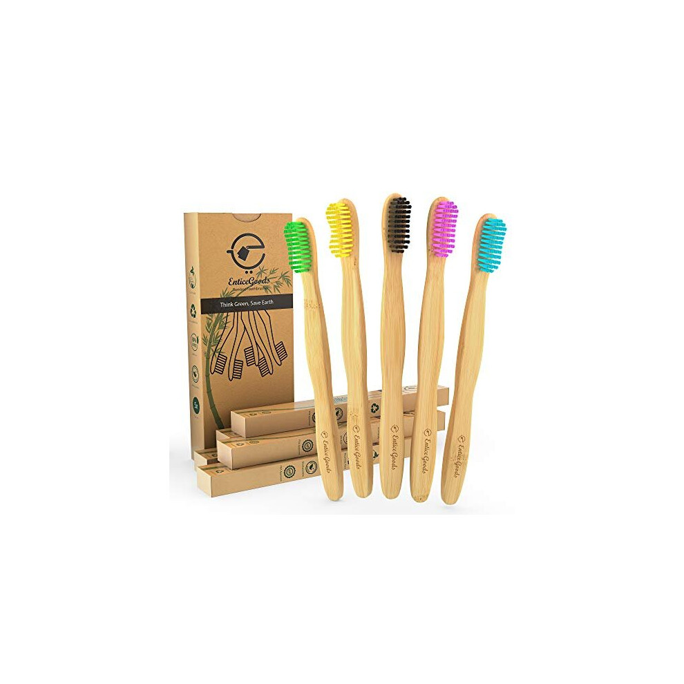 Entice Goods Bamboo Toothbrushes - Pack of 5 Eco Friendly Daily Care Wooden Brushes - Biodegradable Plastic Free Set in Multiple Colours