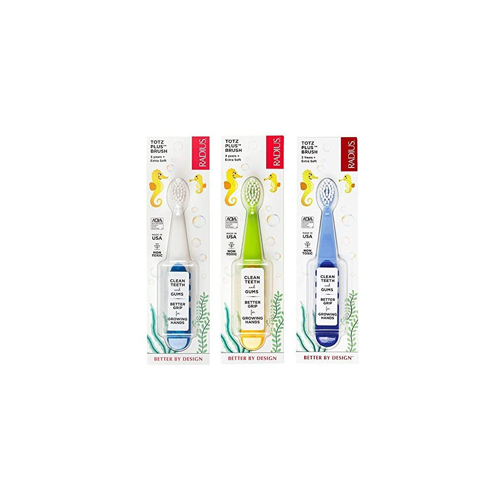 RADIUS Totz Plus Brush Kids Toothbrush Silky Soft BPA Free ADA Accepted Designed for Delicate Teeth & Gums for Children 3 Years & Up - Assorted -