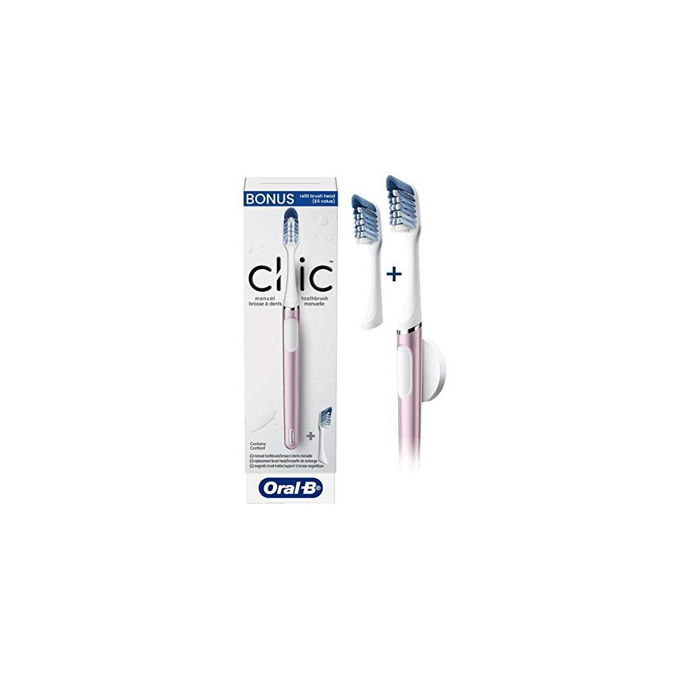 Oral-B Clic Manual Toothbrush (Rose) with 2 Replaceable Brush Heads and Magnetic Brush Mount