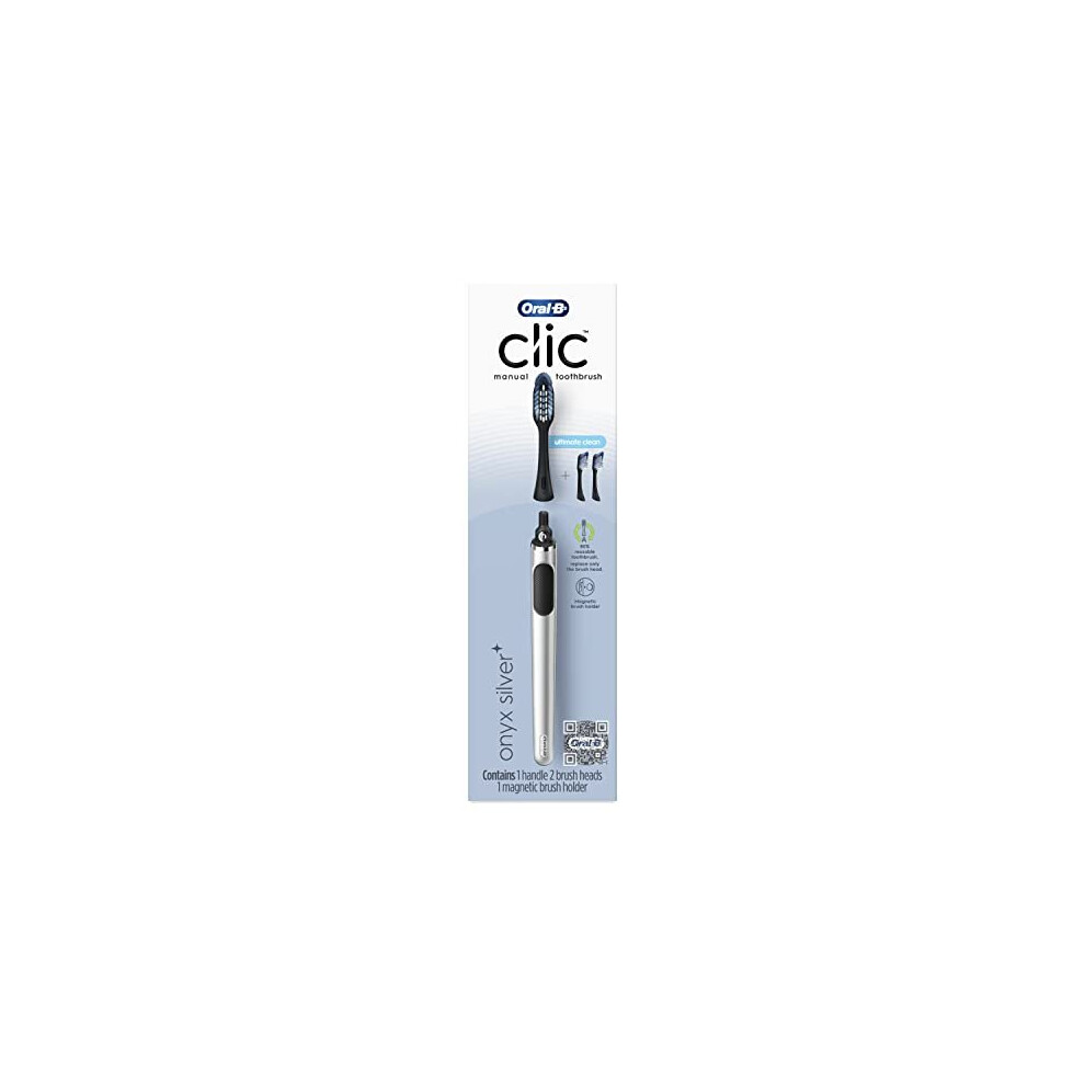 Oral-B Clic Manual Toothbrush, Chrome Black, with 1 Bonus Replacement Brush Head and Magnetic Toothbrush Holder