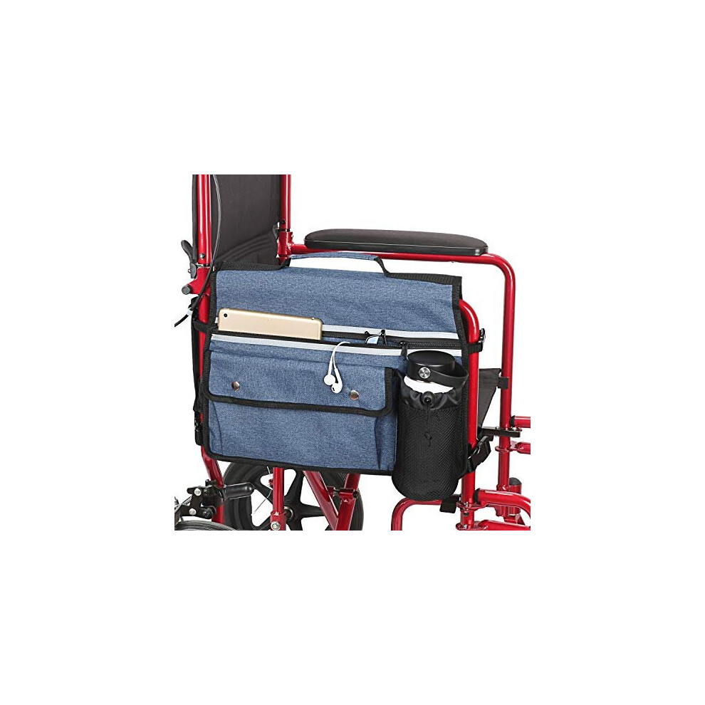 Hsgezuoqi Blue Wheelchair Organizer Storage Bag, Double-Sided Armrest Pouch With Cup Hold And Reflective Strip, For Wheelchairs And Walkers (Blue)
