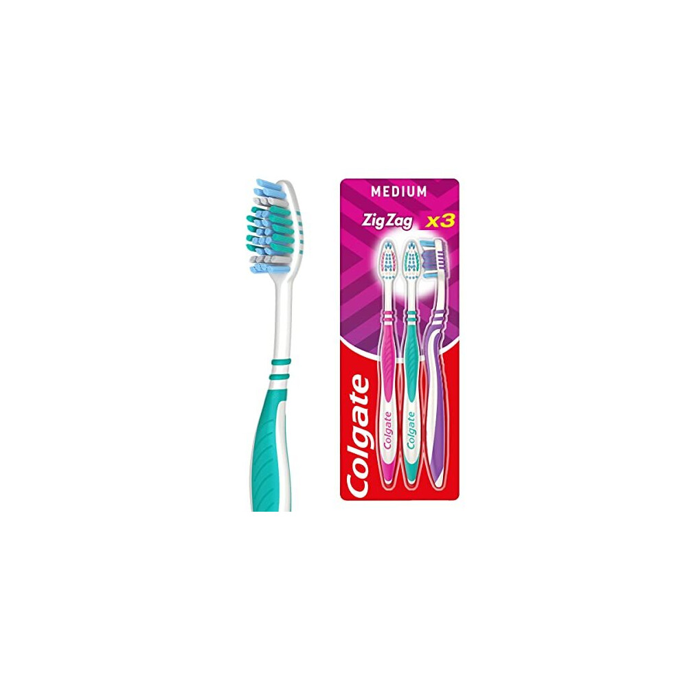 Colgate Zig Zag Medium Toothbrush Pack of 3, Multi Angle Cross Bristles with Flexible Neck for Gum Comfort