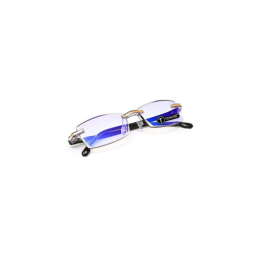Teraise Blue Rimless Reading Glasses Fashion Diamond Cutting Design Anti-Fatigue Clear Lens Spectacle Readers For Men(4.0X)
