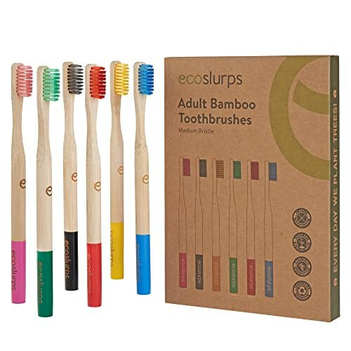 6 Bamboo Toothbrushes Medium Bristles | EcoSlurps | Premium Adult Manual Wooden Toothbrush Family Multipack | Eco Friendly & Plastic Free | Tree
