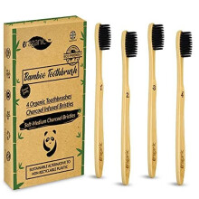 Eraganic Charcoal Bamboo Toothbrushes | Pack of 4 | Eco Friendly Products | Organic Biodegradable Wooden Toothbrush with Charcoal Infused Wavy Br