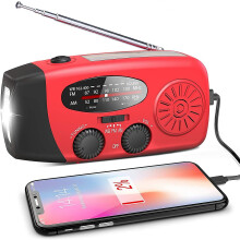(Rojo) Radio solar de emergencia con manivela y radio meteorológico, linterna LED y batería externa para teléfono