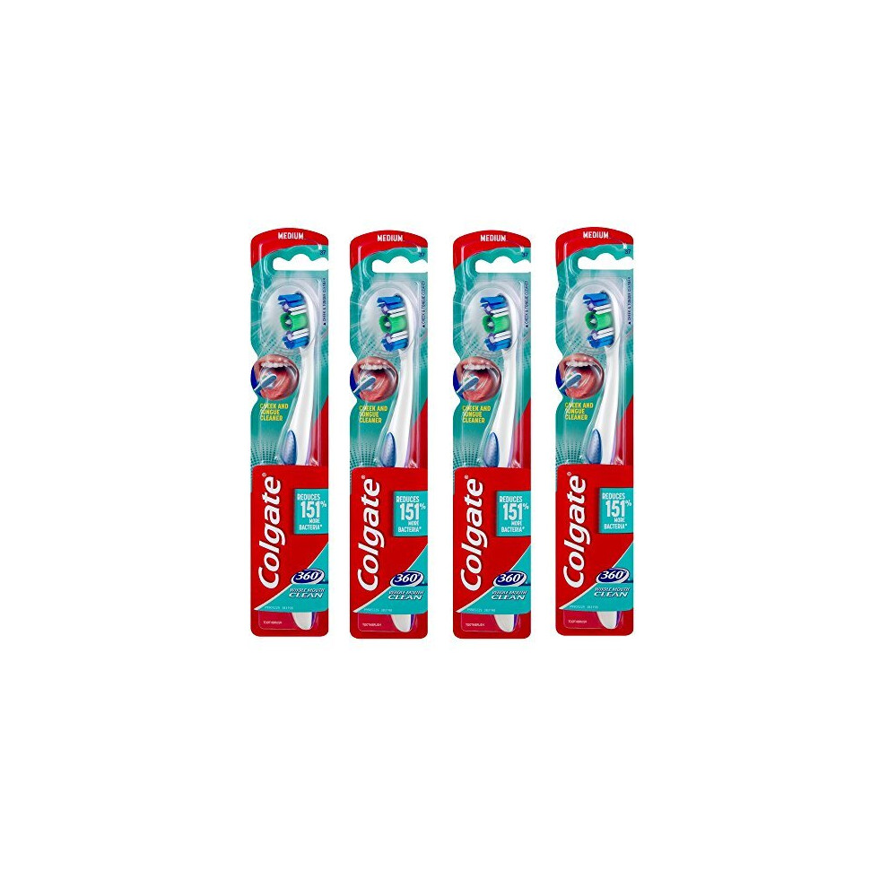 4 x Colgate 360 Whole Mouth Clean Toothbrush with Tongue Cleaner MEDIUM