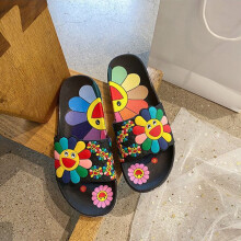 (Black, 38/39) Girls Sunflower Pattern Cute Non-Slip Bath Sliders Indoor Pool Beach Shoes