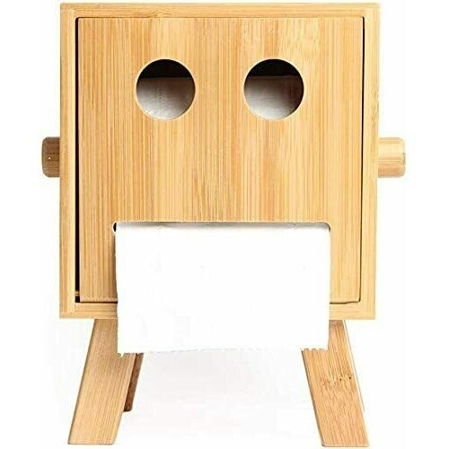 (Roboot Smiley Face) Bamboo Wooden Toilet Tissue Roll Holder Storage