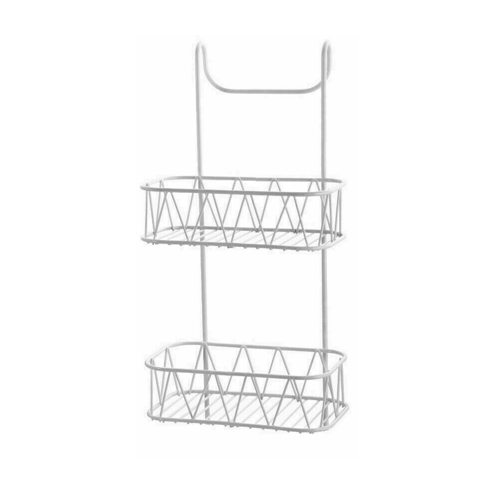 (2 Tier, White) Over Door Shower Screen Caddy Non Rusty Plastic Coated Hanging Bathroom