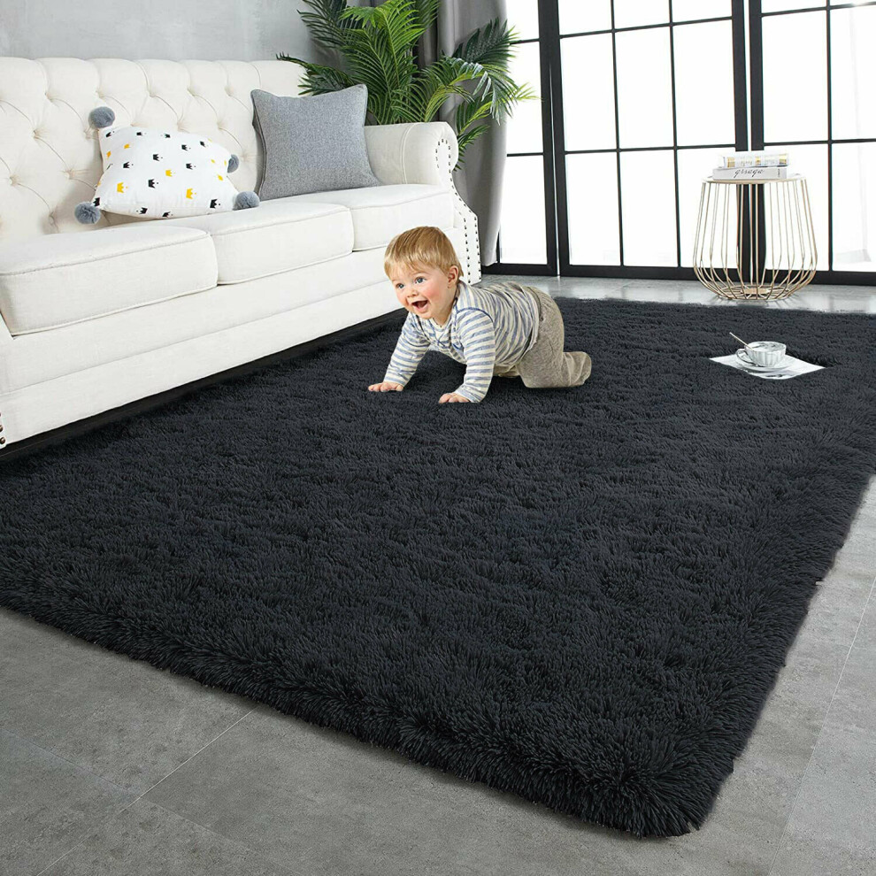 (Black, 80 x 300 Cm) Large Shaggy Fluffy Rugs Anti Slip Soft Carpet for Luxury Floor Area Bedroom Living Dining Room