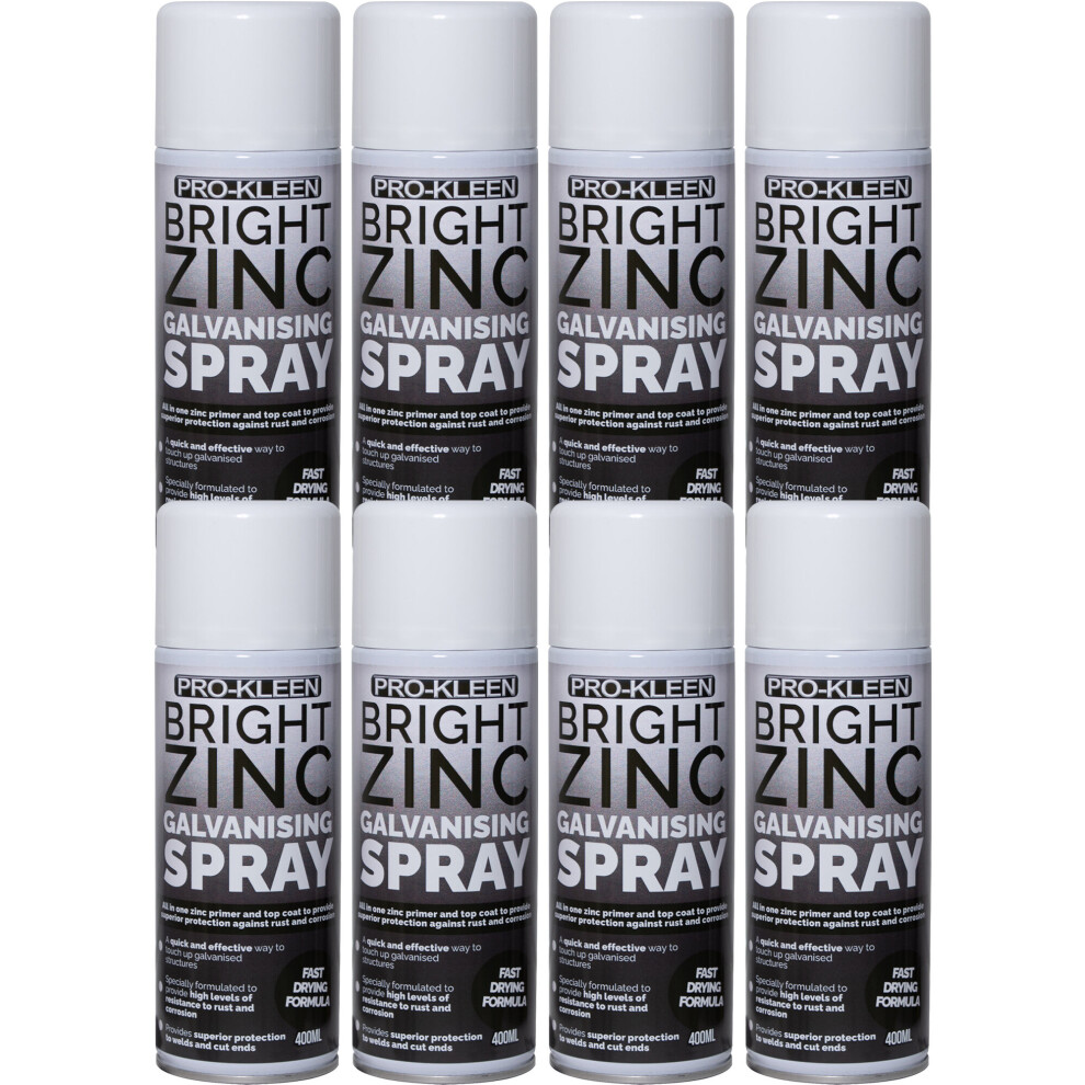 Pro-Kleen (8 X 400Ml) Zinc Galvanising Spray Paint Primer & Topcoat Silver