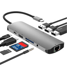 9 In 1 USB-C Hub Docking Station Adapter With 4K HDMI HD Display USB-C PD3.0 Power Delivery RJ45 Ethernet 3.5mm Audio Jack Memory Card