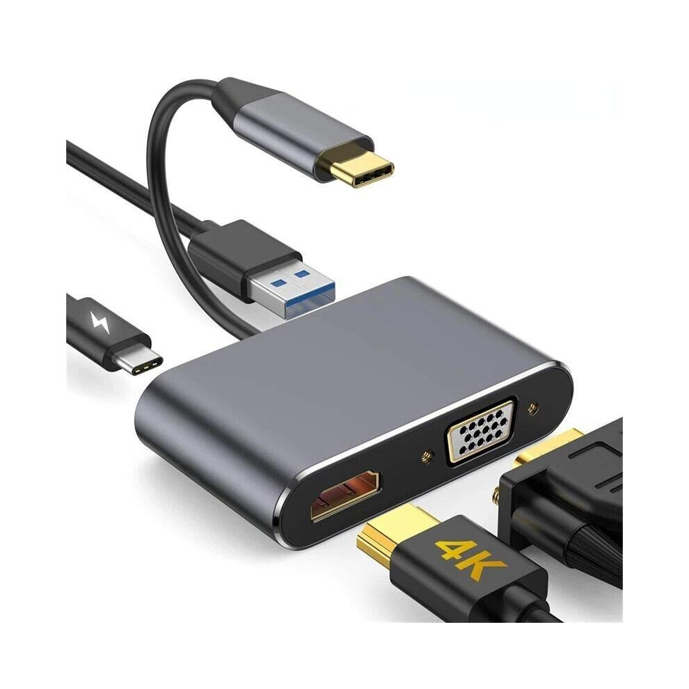 (Grey) 4 In 1 Usb Type-C Hub Docking Station Adapter With Dual 4K Hdmi Display 1080P Vga 87W Usb-C Pd3.0 Power Delivery Usb 3.0 Grey 3654659043528