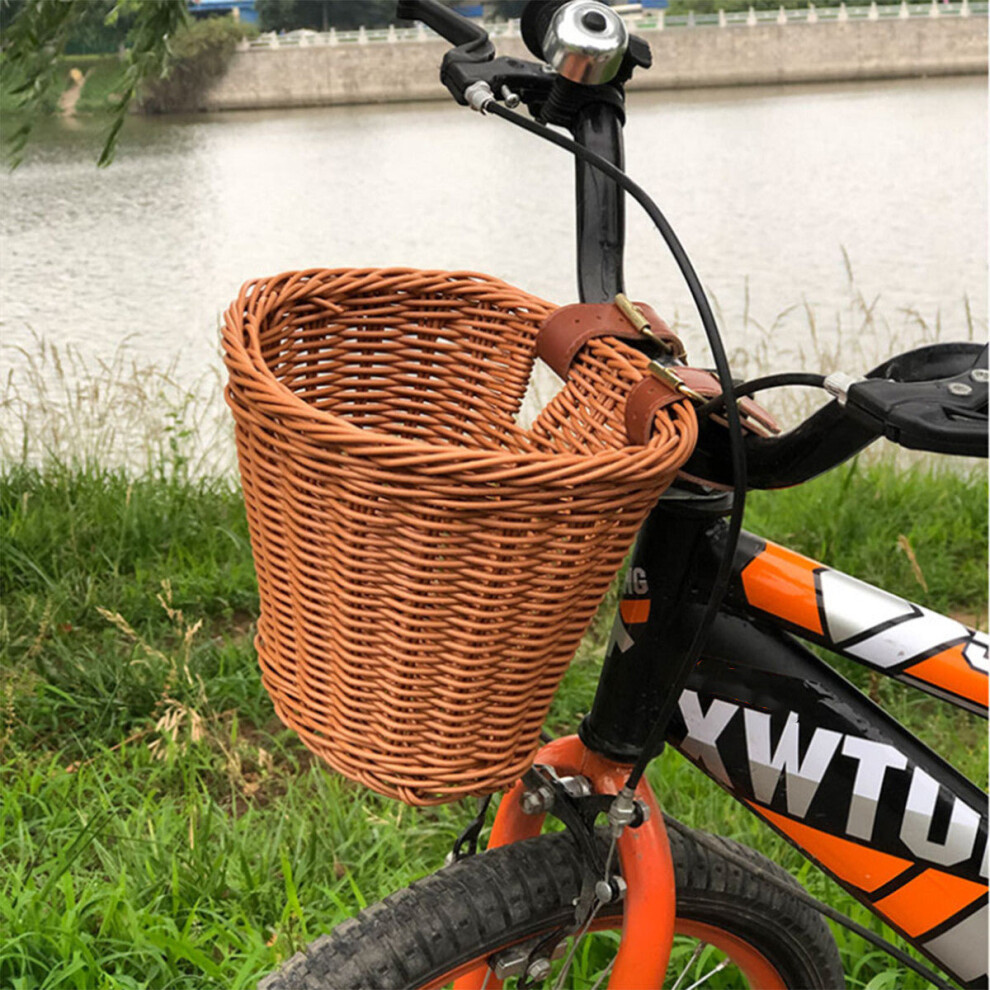 (Brown) Kids Children's Rattan Bicycle Bike Front Basket Leather Strap Shopping Storage