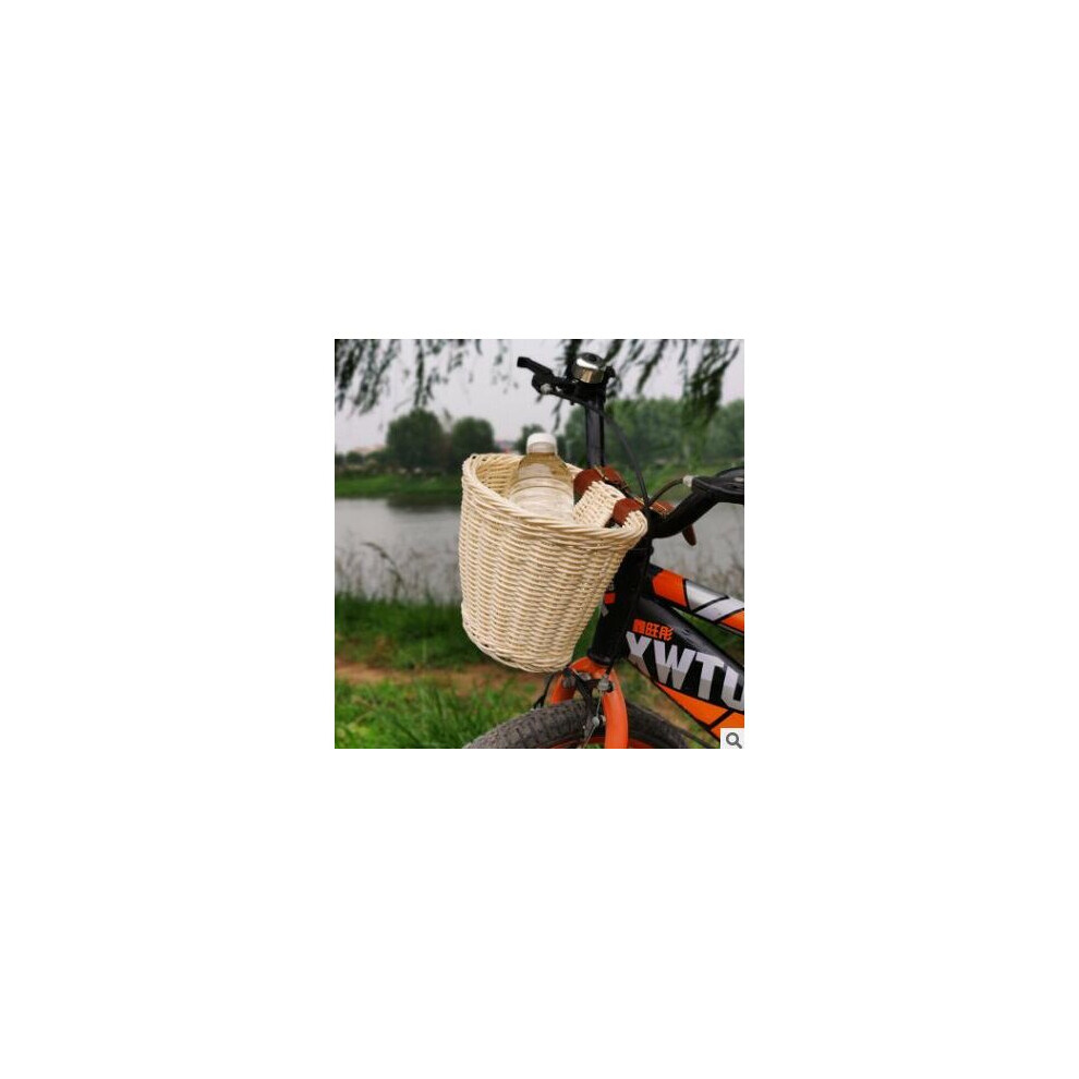 (White) Kids Children's Rattan Bicycle Bike Front Basket Leather Strap Shopping Storage