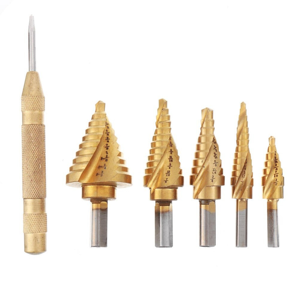 6pcs 1/8 to 1-3/8 Inch Step Drill Titanium Spiral Grooved Step Drill Bit Set with Automatic Center Punch and Aluminum Case