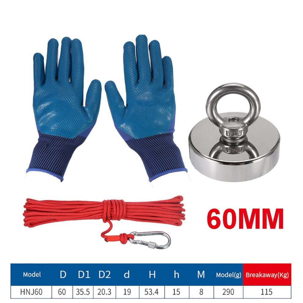 (60mm) Strong Neodymium Fishing Magnet Set With 10m Rope And Gloves Fishing Tools