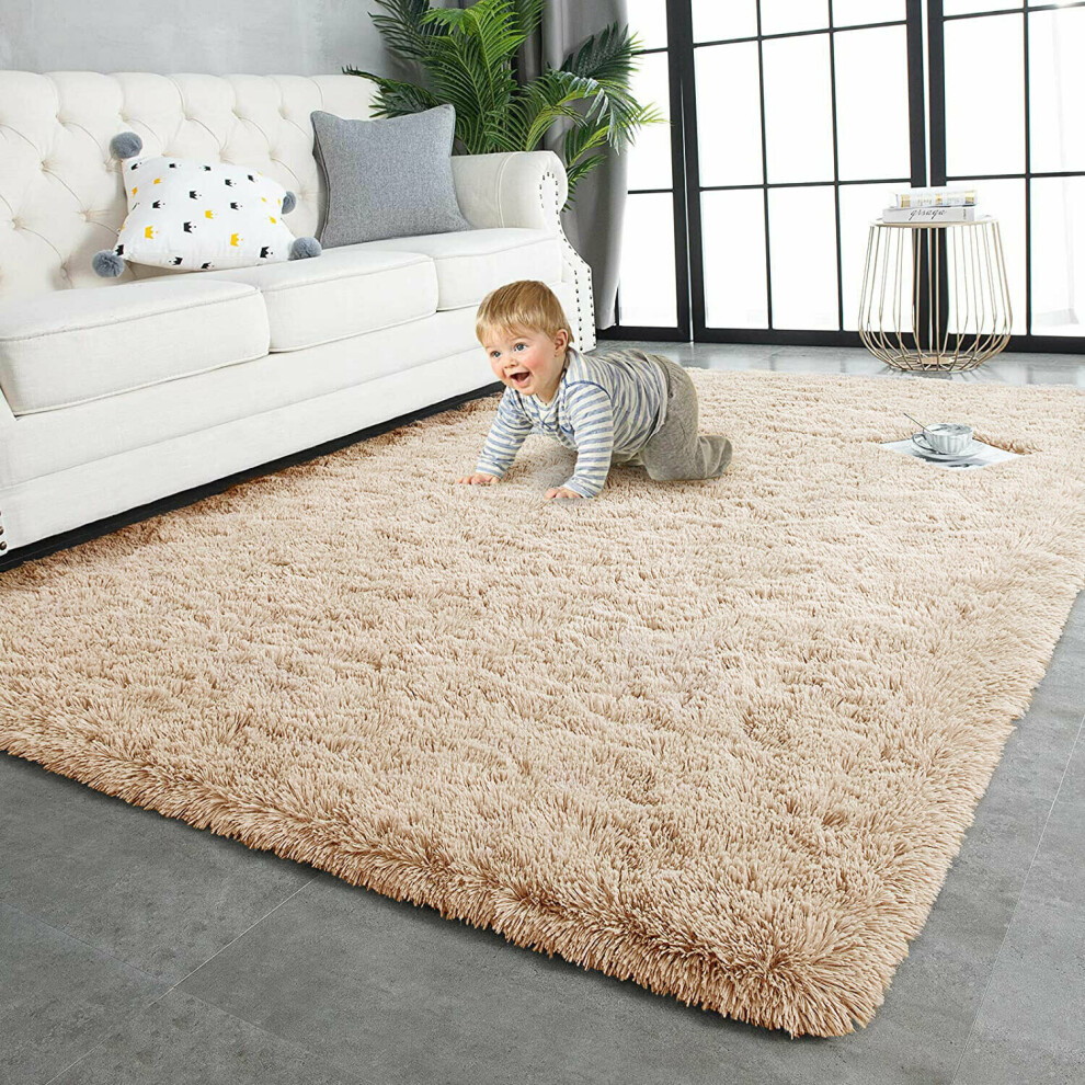 (Beige, 120 x 170 Cm) Large Shaggy Fluffy Rugs Anti Slip Soft Carpet for Luxury Floor Area Bedroom Living Dining Room