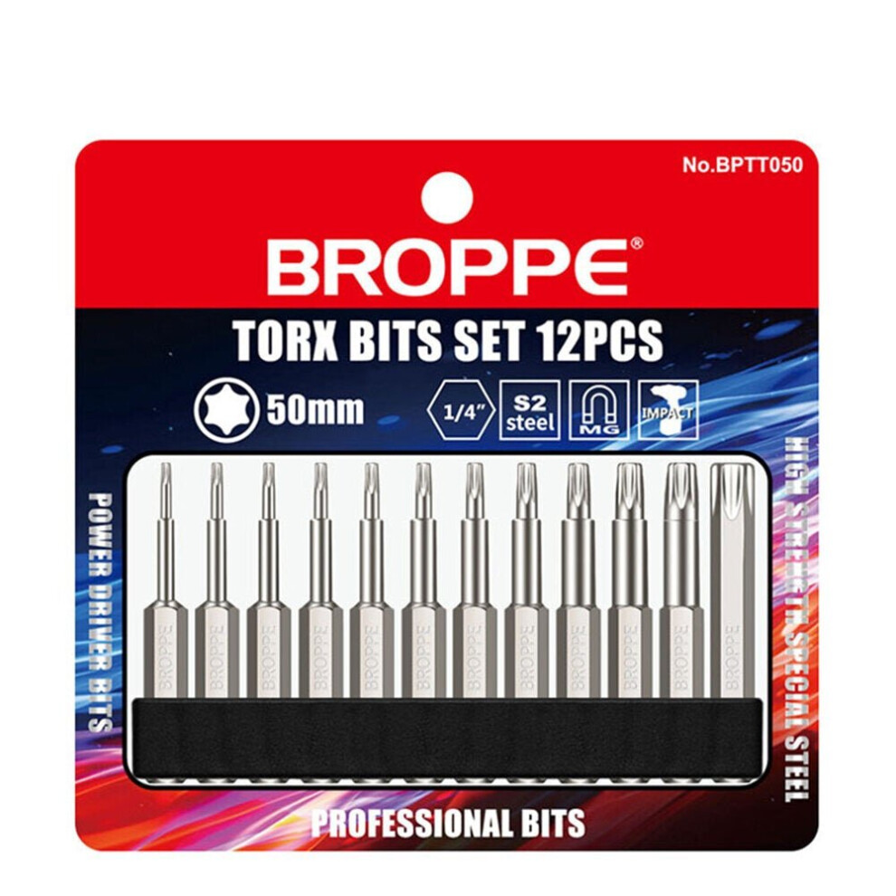 12Pcs S2 Alloy Steel T5-T40 50Mm Magnetic Torx Screwdriver Bits 1/4 Inch Hex Shank 3654659277350