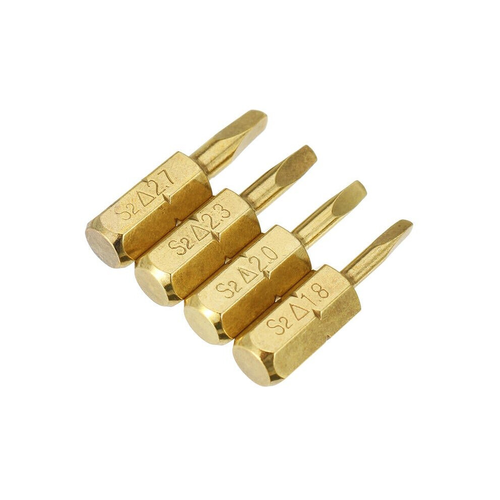 4pcs 25mm 1.8-2.7mm Triangle Shaped Screwdriver Bits 1/4 Inch Hex Shank Electroplating Bronze