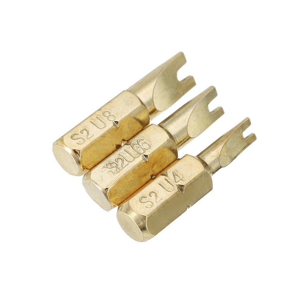 3pcs 25mm U4-U8 U Shaped Screwdriver Bits 1/4 Inch Hex Shank Electroplating Bronze