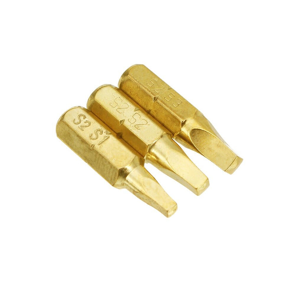 3pcs 25mm S1-S3 Square Shaped Screwdriver Bits 1/4 Inch Hex Shank Electroplating Bronze