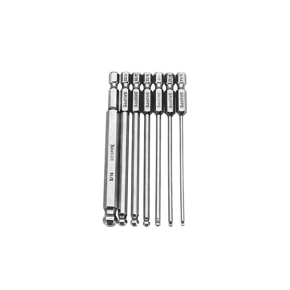 7pcs SAE 5/64-5/16 Inch 100mm Magnetic Ball Screwdriver Bit 1/4 Inch Hex Shank