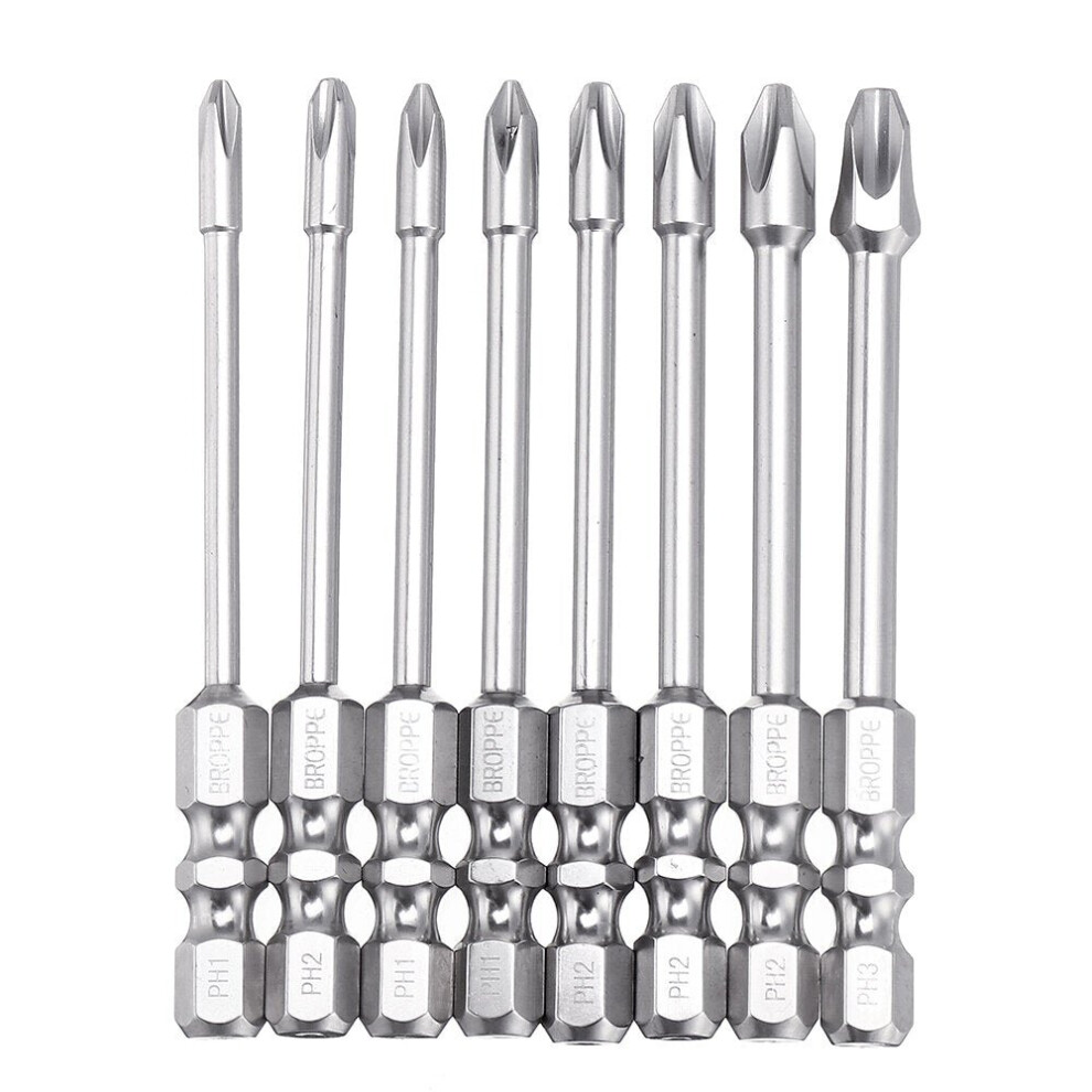 (100Mm) 8Pcs 75Mm/100Mm Length Impact Phillips Screwdriver Bit High Torque Cross Screwdriver Bit S2 Strong Magnetic Screwdriver Bit 3654659303653