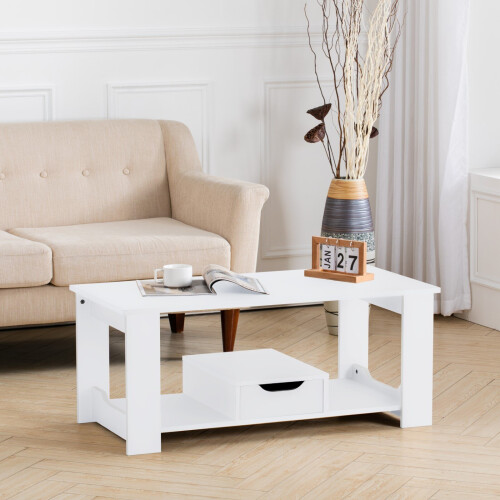 Living And Home (White) 2 Tier Wood Coffee Table Rectangle with Storage Shelf Tea Table Central Table