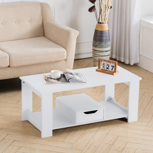 Living And Home (White) 2 Tier Wood Coffee Table Rectangle with Storage Shelf Tea Table Central Table 1
